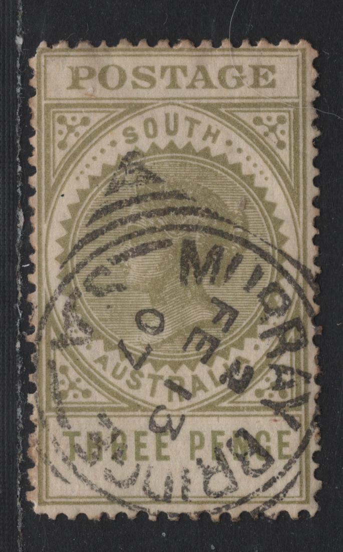 Lot 168 Australia - South Australia SG#298 3d Sage Green , 1906-1912 Long Stamps Issue, A Fine Used Single, Value 19mm Wide, SON February 13 1907 Squared Circle Cancel, Crown Over A Wmk.