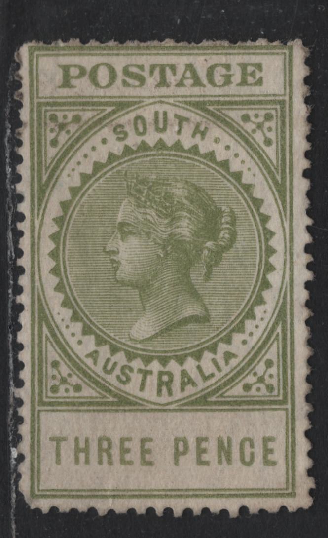 Lot 169 Australia - South Australia SG#298da 3d Bright Olive Green , 1906-1912 Long Stamps Issue, A Fine Unused Single, 19mm Value, Thinner, Ready Gummed Paper, September 1911 Printing.