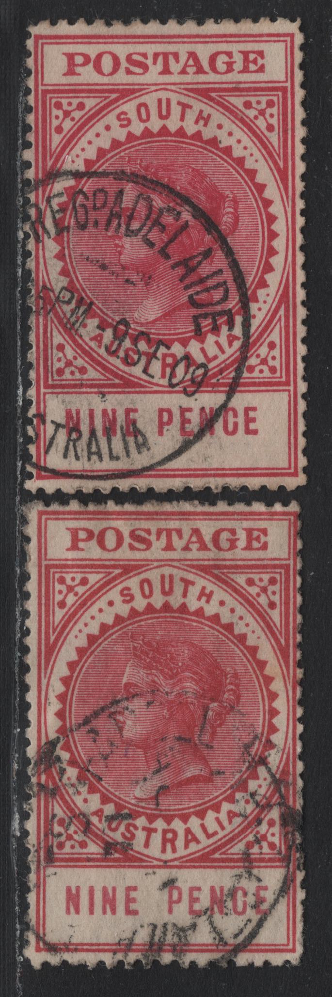Lot 172 Australia - South Australia SG#302c,ea 9d Lake , 1906-1912 Long Stamps Issue, 2 Very Fine Used Singles, Perf 12.5, Crown Over A Wmk, Types A & C, Based On Distance Between Nine And Pence.