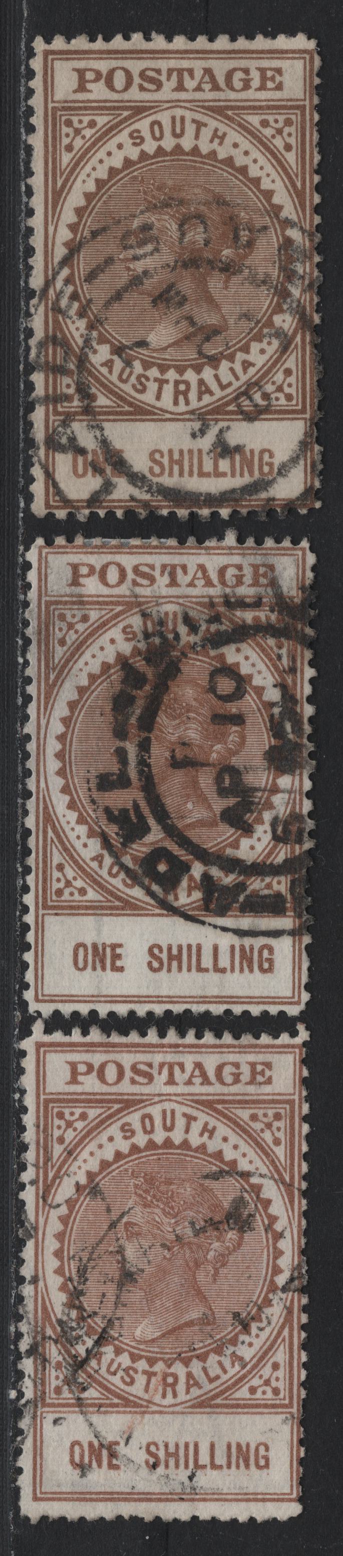 Lot 173 Australia - South Australia (C)SG#303,b,c 1/- Brown , 1906-1912 Long Stamps Issue, 3 Very Good/Fine Used Singles, Crown Over A Wmk, Perf 12.5, 1906, 1910 & 1911 Printings, Thin Ready Gummed Paper.