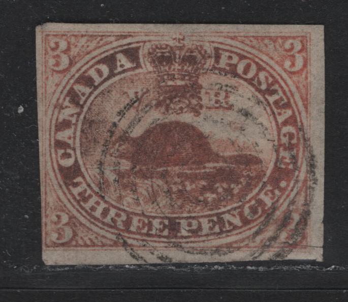 Lot 174 Canada #1 3d Oxidized Red , 1851 Pence Issue, A Very Good Used Single, Horizontal Laid Paper (Pence-A), Very Faint Laid Lines, Barely Visible In Fluid, Repaired Scissor Cut At LR.