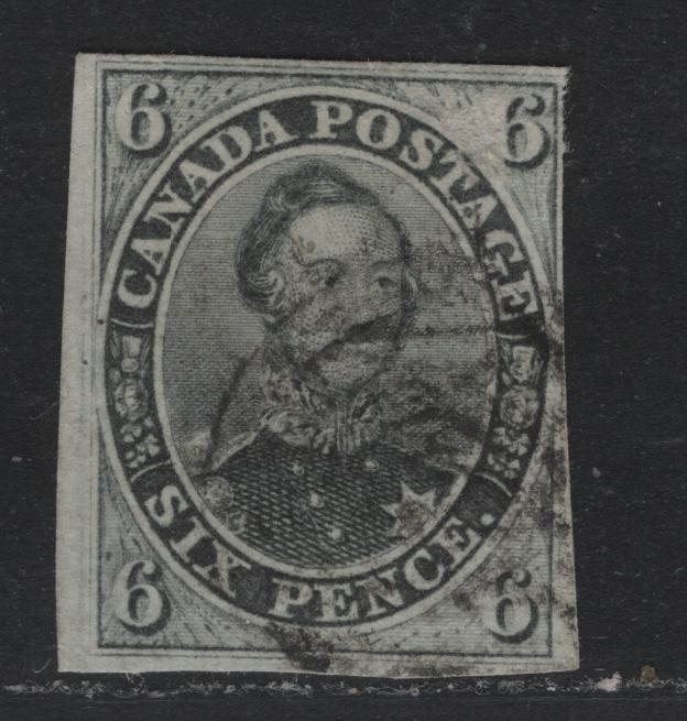 Lot 176 Canada #5 6d Slate Gray , 1852-1857 Pence Issue, A Very Good Used Single, Soft Vertical Wove Paper (Pence-B), 3 Clear To large Margins, Right Margin Clear To Close At UR, Very Light Corner Crease At UL.