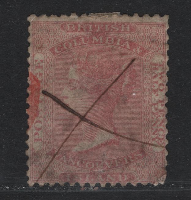 Lot 178 British Columbia & Vancouver Island #2 2.5d Dull Rose , 1860 Queen Victoria Issue, A Very Good Used Single, Manuscript Cancel, Little Age Toning, As often Found On This Stamp, Expert Repair Of The Lower Right  Corner.