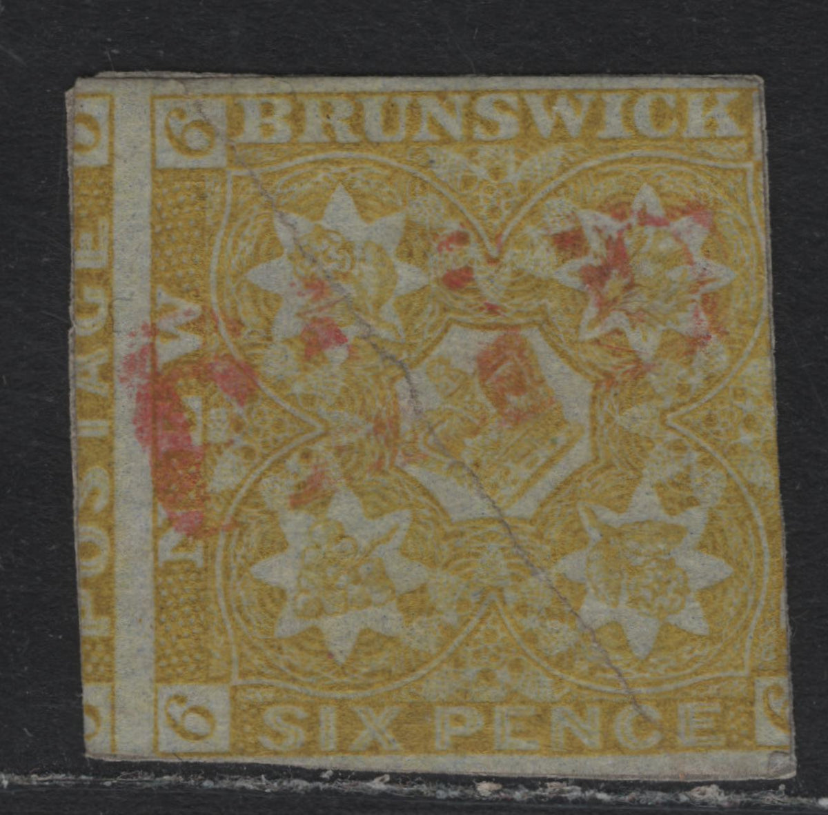 Lot 181 New Brunswick #2 6d Olive Yellow , 1851 Pence Issue, An Ungraded Used Single, Red 'Paid' Cancel, Been Rejoined By Rebacking two Diagonal Halves