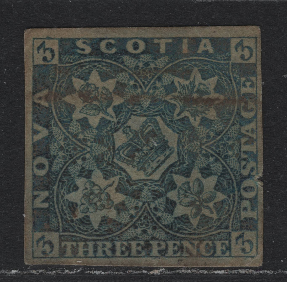 Lot 182 New Brunswick #3 3d Dark Blue , 1851 Pence Issue, A Good Used Single, PB-B Paper, 4 Clear Margins, Tiny Nick In margin Between OS of Postage & Small Corner Creast At LL.