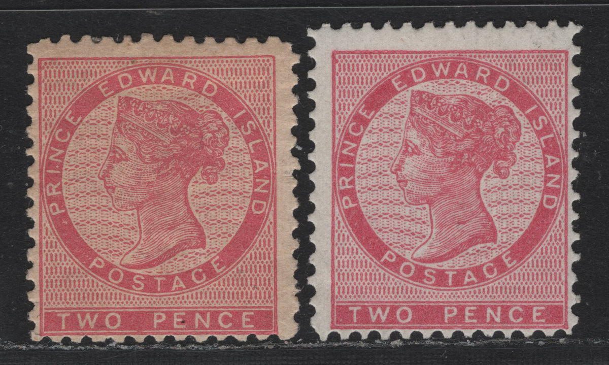 Lot 183 P.E.I #5, 5a 2d Rose , 1862-1865 Queen Victoria Issue, 2 FOG Singles, White & Yellowish Papers (CW-B & CW-C), Perfs 11.75 & 11.75x12