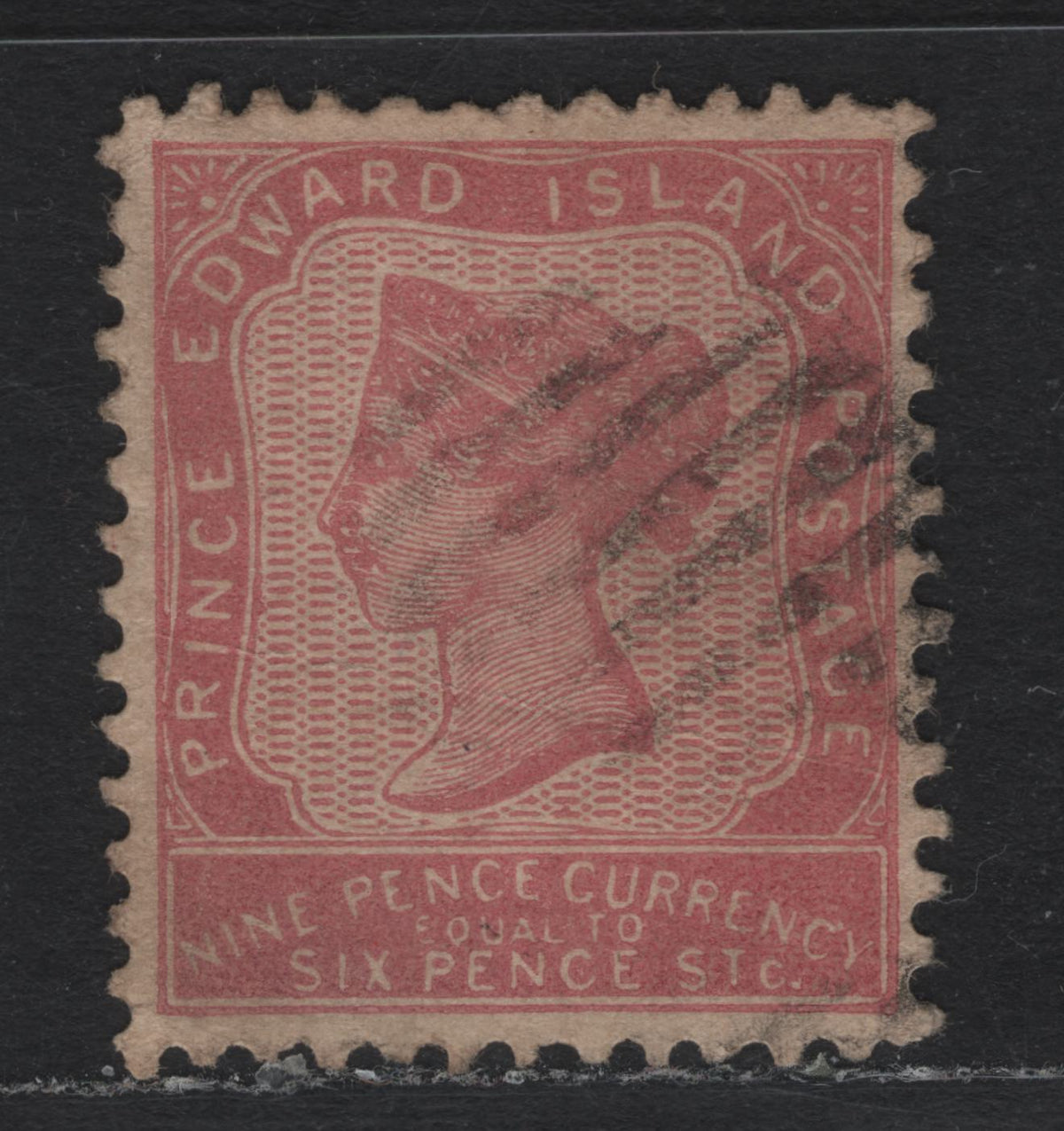 Lot 186 P.E.I #8i 9d Red Lilac , 1862-1865 Queen Victoria Issue, A Very Good Used Single, Perf 11.75, Yellowish Paper (CW-C), Face Free Cancel, But Heavy Diagonal Crease.