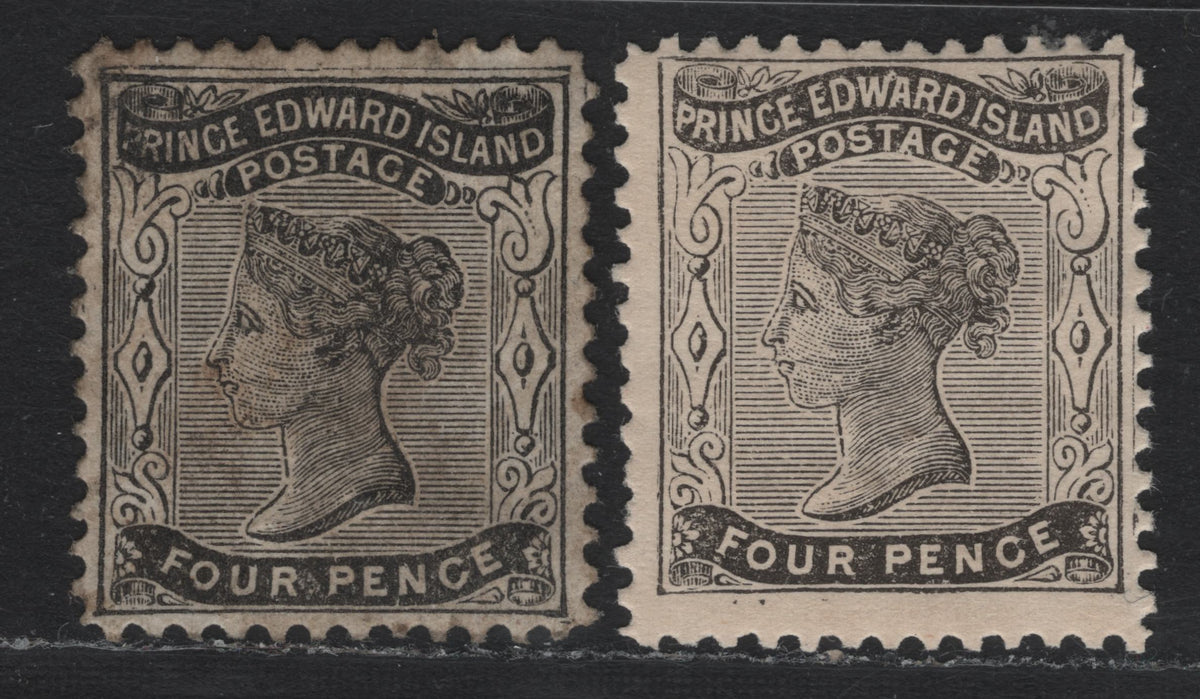 Lot 187 P.E.I #9. 9a 4d Black , 1868-1870 Queen Victoria Issue, 2 F/VFOG Singles, Black & Yellowish Papers (CW-B & CW-C), Perfs 12 & 11.75