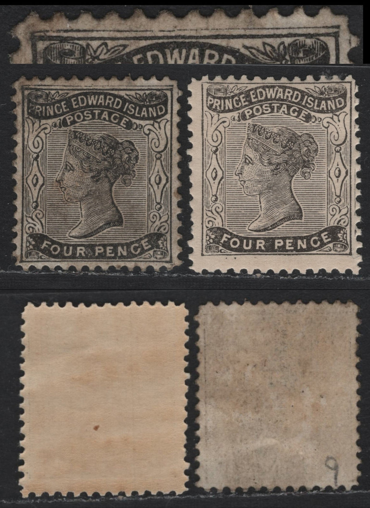 Lot 187 P.E.I #9. 9a 4d Black , 1868-1870 Queen Victoria Issue, 2 F/VFOG Singles, Black & Yellowish Papers (CW-B & CW-C), Perfs 12 & 11.75