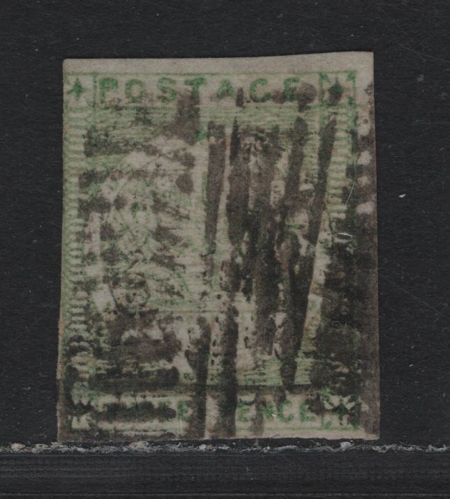 Lot 302 Australia - NSW SG#43 3d Emerald Green , 1850-1851 Sydney Views Issue, A Very Good Used Single, Grayish Wove Paper, Sounds Used, 3 Clear Margins (Large At Top 7 Right), Just Touching All Along The Left Side, Two Strikes of Barred Grid.