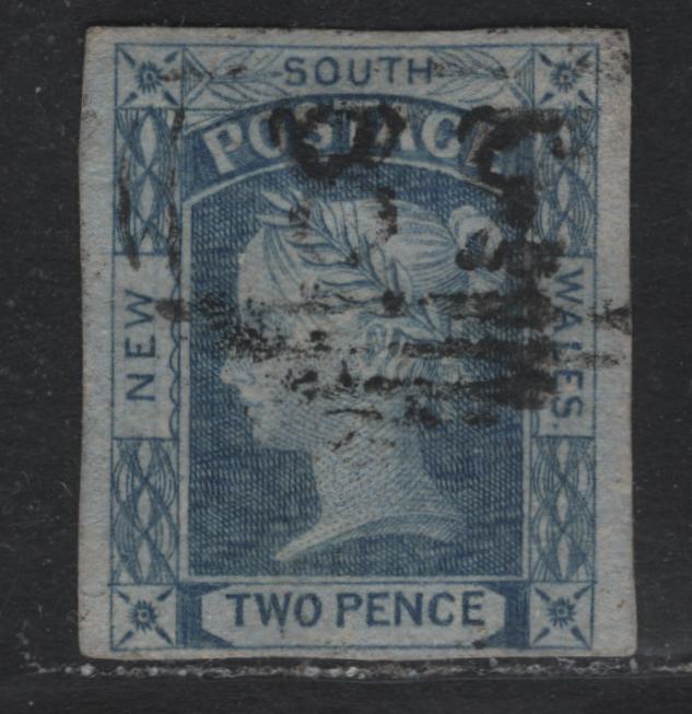 Lot 305 Australia - NSW SG#55 2d Grayish Blue , 1851-1855 Laureate Issue, A Very Fine Used Single, Bluish Wove Paper, Plate 1, 4 margin Example With #38 Barred Numeral Cancel For Queanbeyan