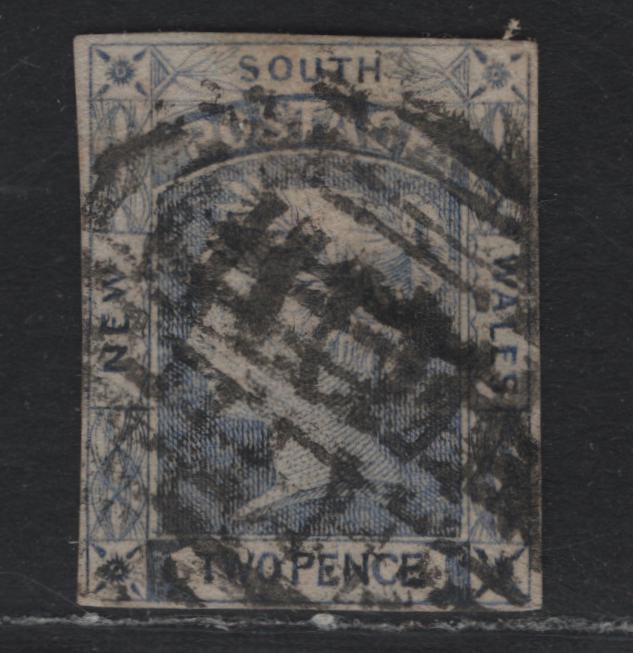 Lot 305A Australia - NSW (C)SG#53 2d Chalky Blue , 1851-1853 Laureate Issue, A Very Good Used Single, Bluish Wove paper, 4 Close Margins But Light Hinge Thin, Plate 1, Moderate To Heavier Barred Numeral Cancel.