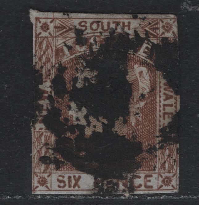Lot 308 Australia - NSW SG#75 6d Chocolate Brown , 1852-1853 Laureate Issue, A Good Used Single, Bluish Paper, Clear Margins At Top & Bottom To Just In At left & Right, Heavy Cancel.