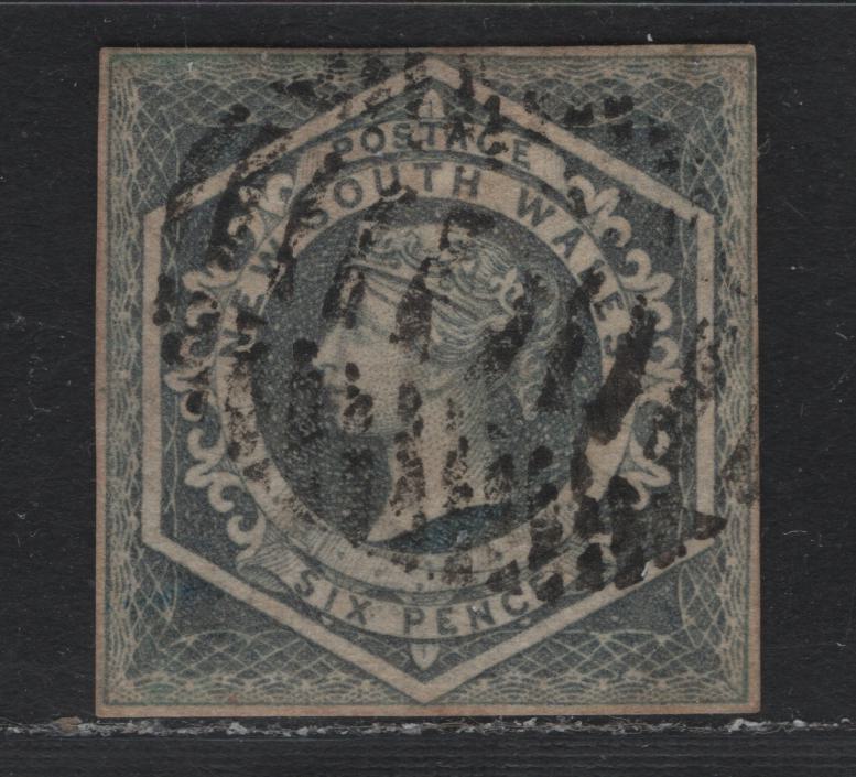 Lot 310 Australia - NSW SG#89 6d Deep Slate , 1854-1859 Imperf Diadem Issue, A Fine Used Single, 4 Margin Used Example, Moderate barred Grid Cancel