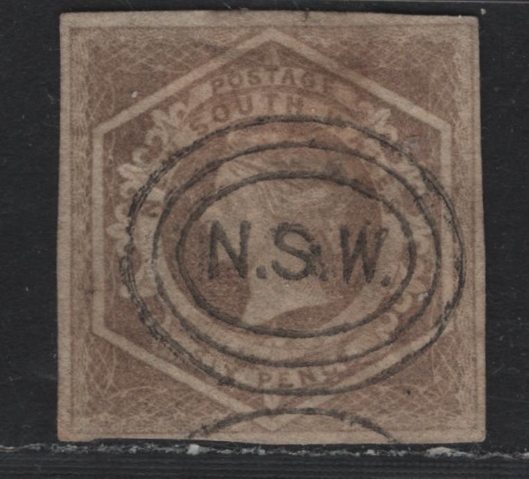 Lot 311 Australia - NSW SG#93a 6d Fawn , 1854-1859 Imperf Diadem Issue, A Fine Used Single, Wmk 8 In Error Instead Of 6, 4 Margins, Close At Right & Bottom, SON NSW Cancel, Shallow Hinge Thin At Top.