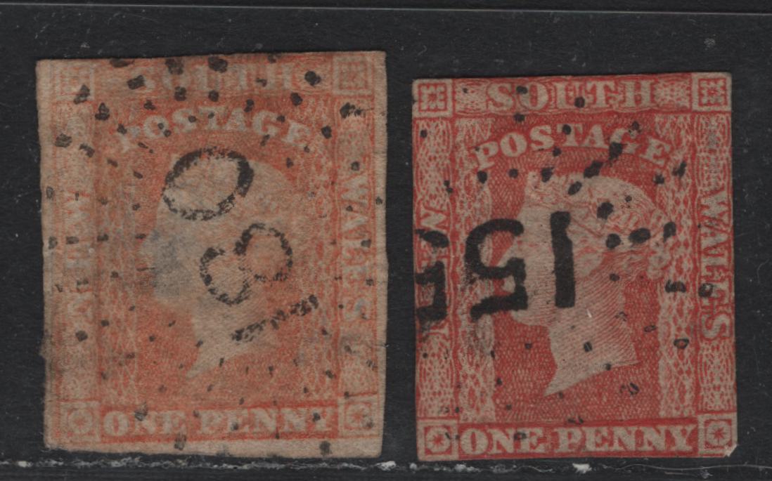 Lot 312 Australia - NSW SG#108-109 1d Carmine Vermillion - Orange Red , 1856-1860 Imperf Diadem Issue, A Good Used Single, #155 (Wingham) And #10 (Camperdown) Sunburst Cancels, Orange Red Shade Has A Small Hinge Thin