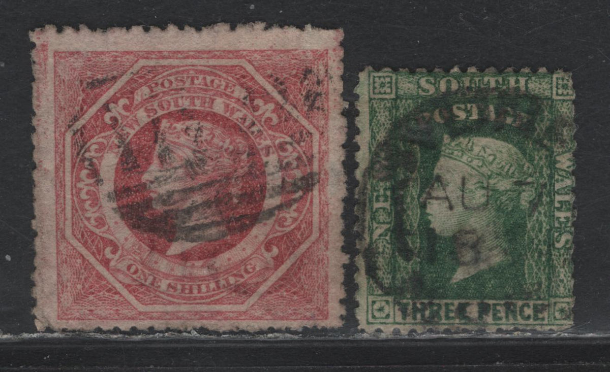Lot 317 Australia - NSW SG#157a, 169 2d - 1/- Yellow Green - Carmine , 1860-1872 Diadem Issue, 2 Good/Fine Used Singles, Wmk 6 Instead of 3 (3d) & Inverted Wmk (1/-), Perf 13
