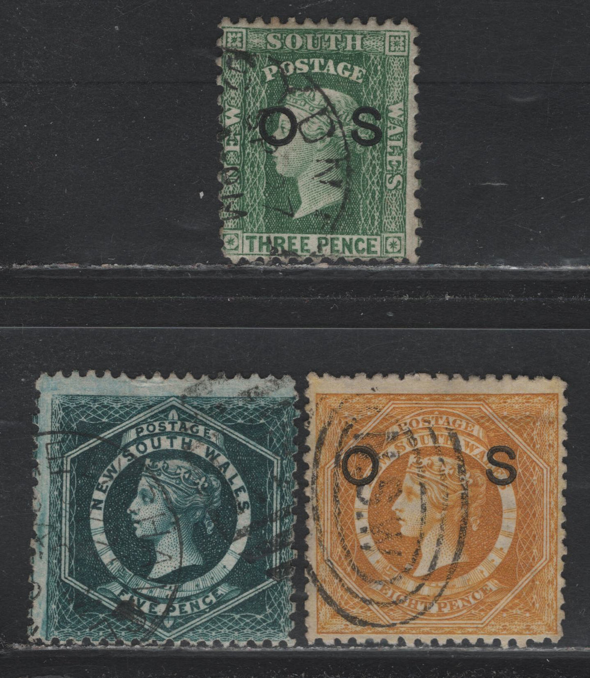 Lot 322 Australia - NSW SG#232, O24b, O32a 5d - 8d Blue Green - Yellow , 1882-1897 Diadem Issue, 3 Fine Used Bottom Sheet Margin Singles, Perf 12x11 (5d), 12x10 (3d) & 12 (8d), Showing Parts Of Double Lined NSW Sheet Margin Wmk