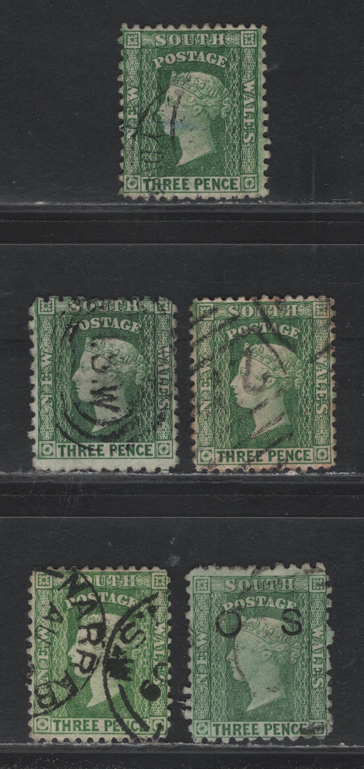 Lot 324 Australia - NSW SG#228, 226e-f, 327, O25 3d Yellow Green - Bluish Green , 1882-1897 Diadem Issue, 5 Very Good/Fine/Very Fine Used Singles, Both Types Of Large Crown Over NSW Wmks (2mm & 1mm Gap Between Crown & NSW), Perfs 10, 12, 11x12 & 11