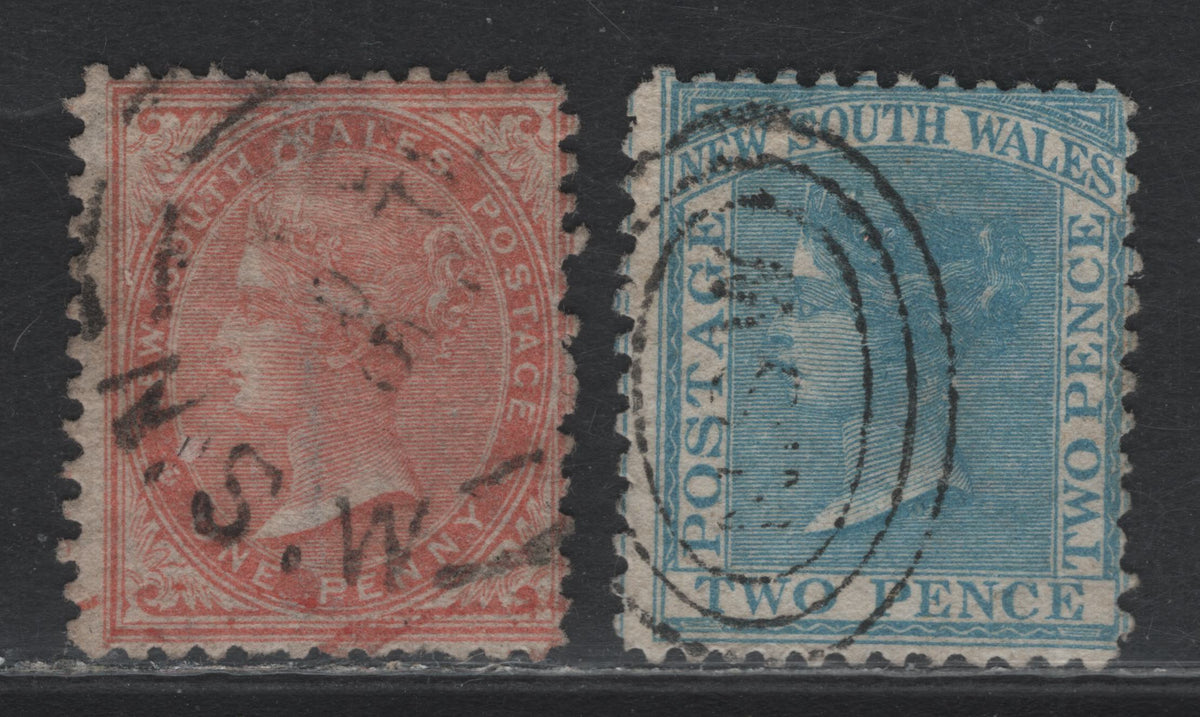Lot 327 Australia - NSW SG#192, 195 1d Pale Red - Pale Blue , 1863-1865 Surface Printed Sideface Issue, 2 Very Good/Fine Used Singles, Perf 13, Single Line 1 & 2 Wmks, These Early Printings Are Quite Scarce.