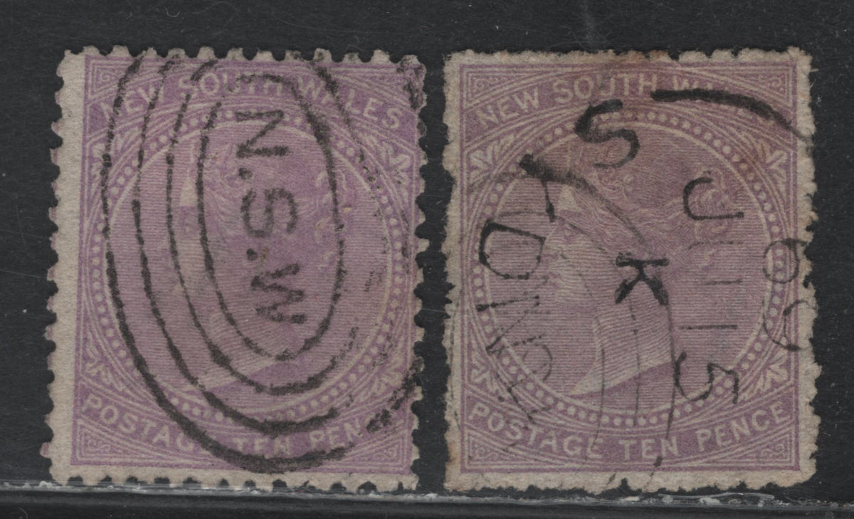 Lot 328 Australia - NSW SG#205, 206a 10d Lilac - Mauve , 1867-1893 Surface Printed Sideface Issue, 2 Fine/Very Fine Used Singles, Perfs 10 & 13, '10' Wmk, Perf 10 Has Typical Rough Perfs & Unpunched Perf Discs & SON June 15 1869 Sydney Split Ring Cancel.