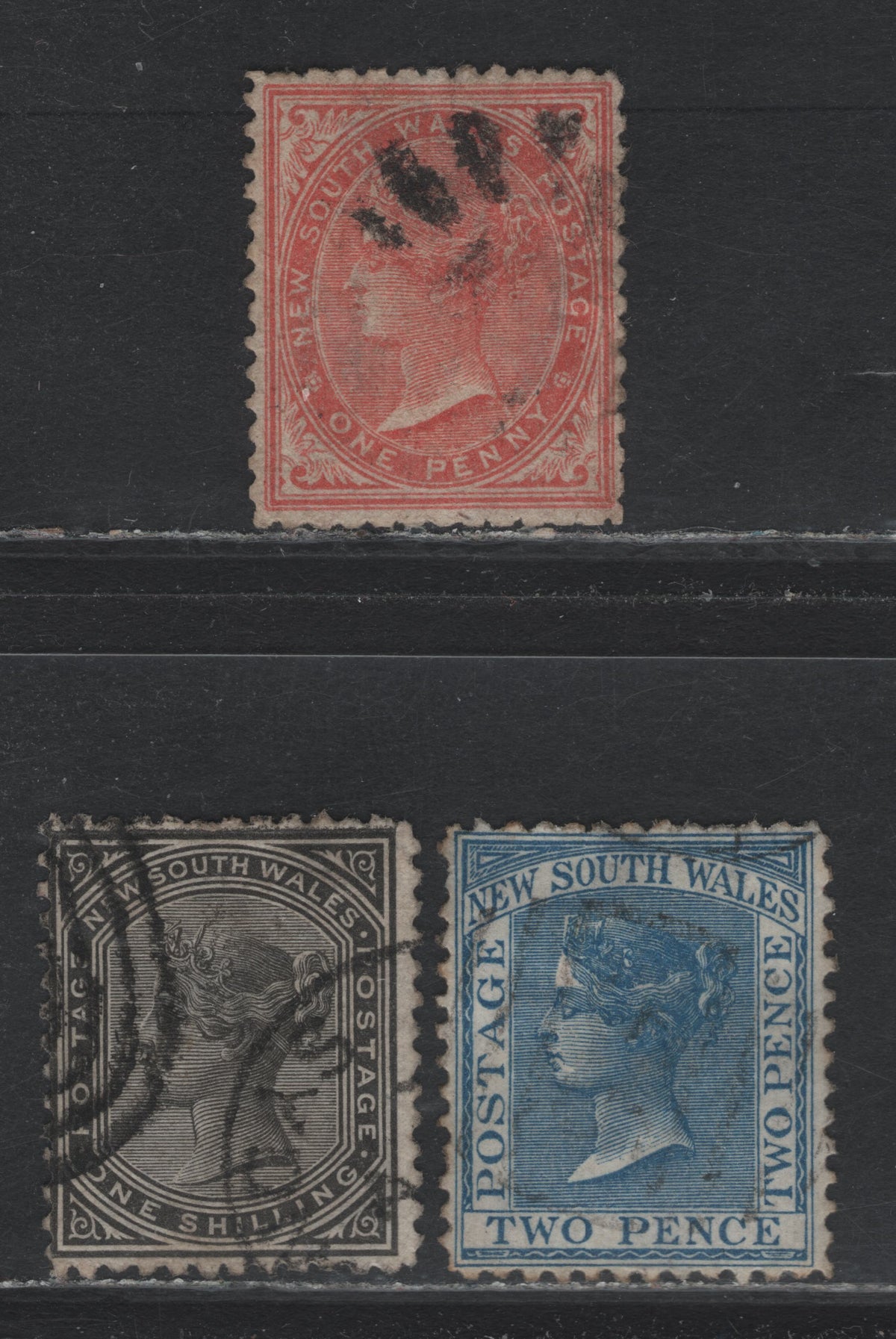 Lot 329 Australia - NSW SG#207, 209, 221var 1d - 1/- Dull Red - Black , 1867-1903 Surface Printed Sideface Issue, 3 Fine/Very Fine Used Singles, Perf 13, Inverted Wmk On 1/-, According To My Research, The Inverted Wmk Adds 15% To The Value.
