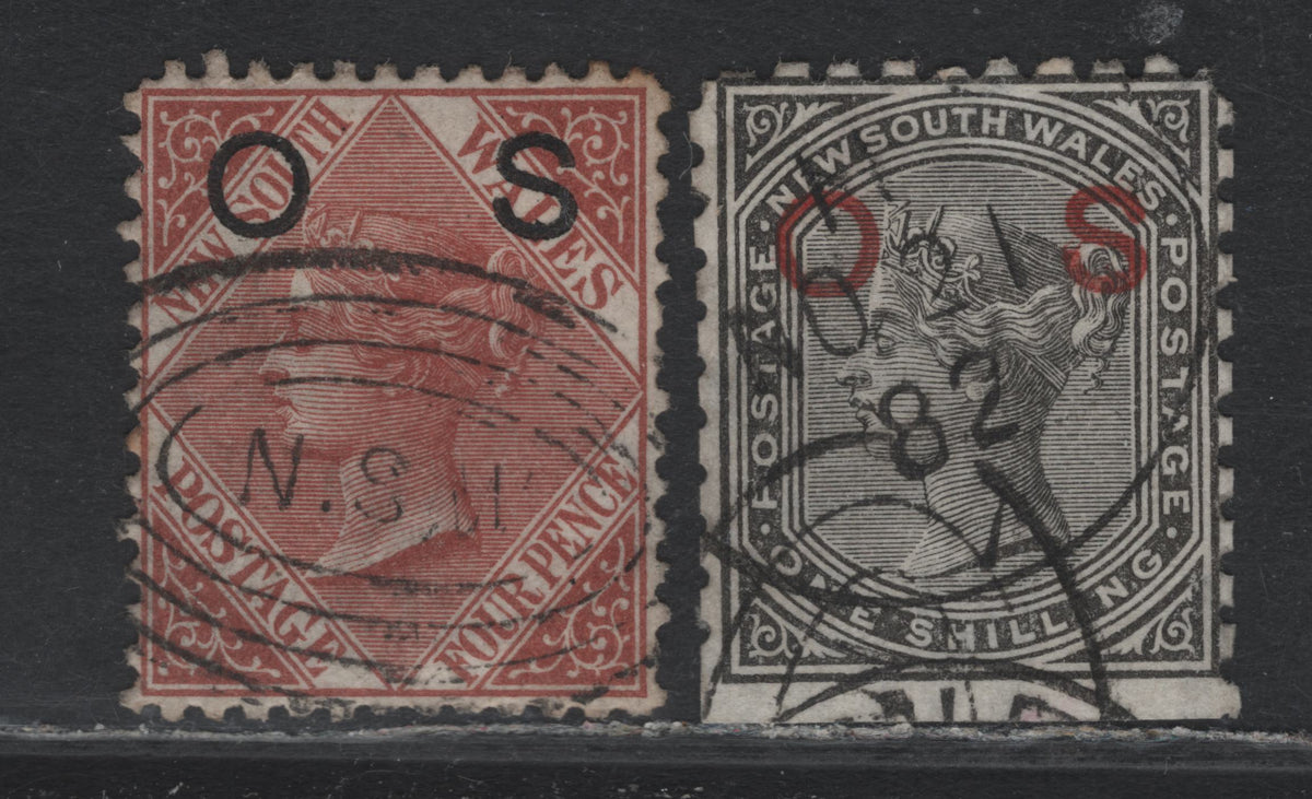 Lot 332 Australia - NSW SG#U6,O12a 4d - 1/- Red Brown - Black , 1879-1885 De La Rue Keyplate & Overprinted OS Issue, 2 Very Fine Used Singles, Perfs 13 & 10, Perfectly centered & Well Centered Bottom Sheet Margin Example