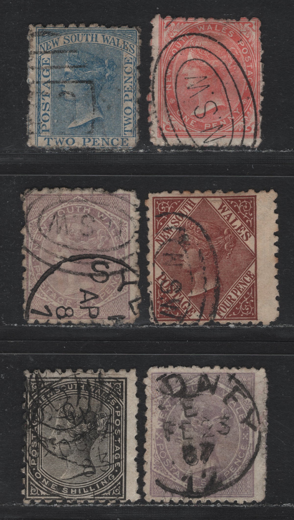 Lot 335 Australia - NSW SG#208a, 225, 229, 234, 235ca, 237 1d - 1/- Salmon - Black , 1871-1902 Sideface Issues, 6 Very Good/Fine Used Singles, Small Crown Over NSW (1d) & Large Crown Over NSW (Rest), Perfs 10 & 12x10, Typical Rough Perfs.