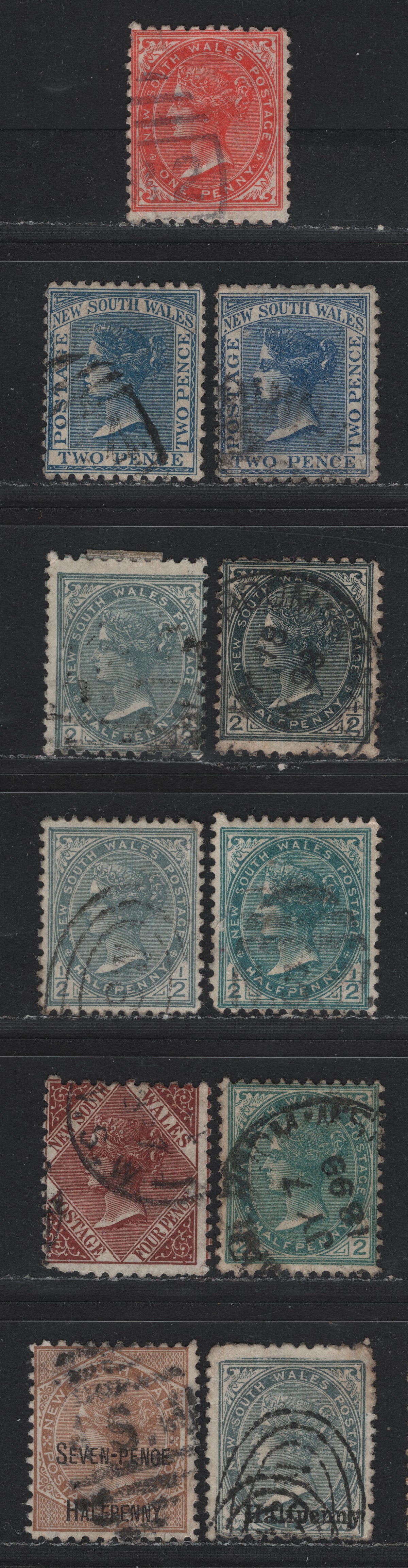 Lot 337 Australia - NSW SG#223f/272 1/2d - 7.5d on 6d Slate - Brown , 1892-1899 Queen Victoria Sidefaces & Surcharged Issues, 11 Very Good/Fine/Very Fine Used Singles, Large Crown Over NSW Wmk, Perfs 11x12,12 & 12x11.5