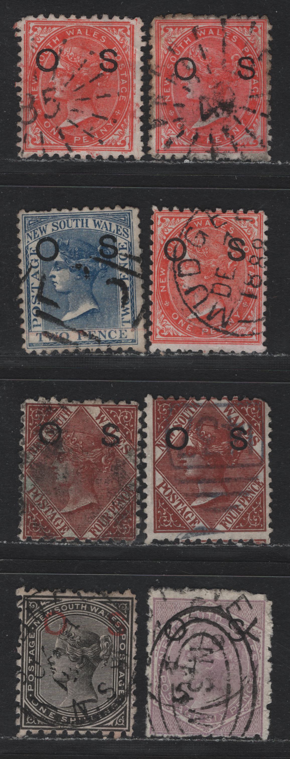 Lot 342 Australia - NSW SG#O20b, O21c, O26a, O30, O26, O33 1d -1/- Scarlet - Black , 1882-1885 Queen Victoria Sideface Overprinted Issue, 8 Very Good/Fine/Very Fine Used Singles, Perf 11x12 & 10, Overprinted OS
