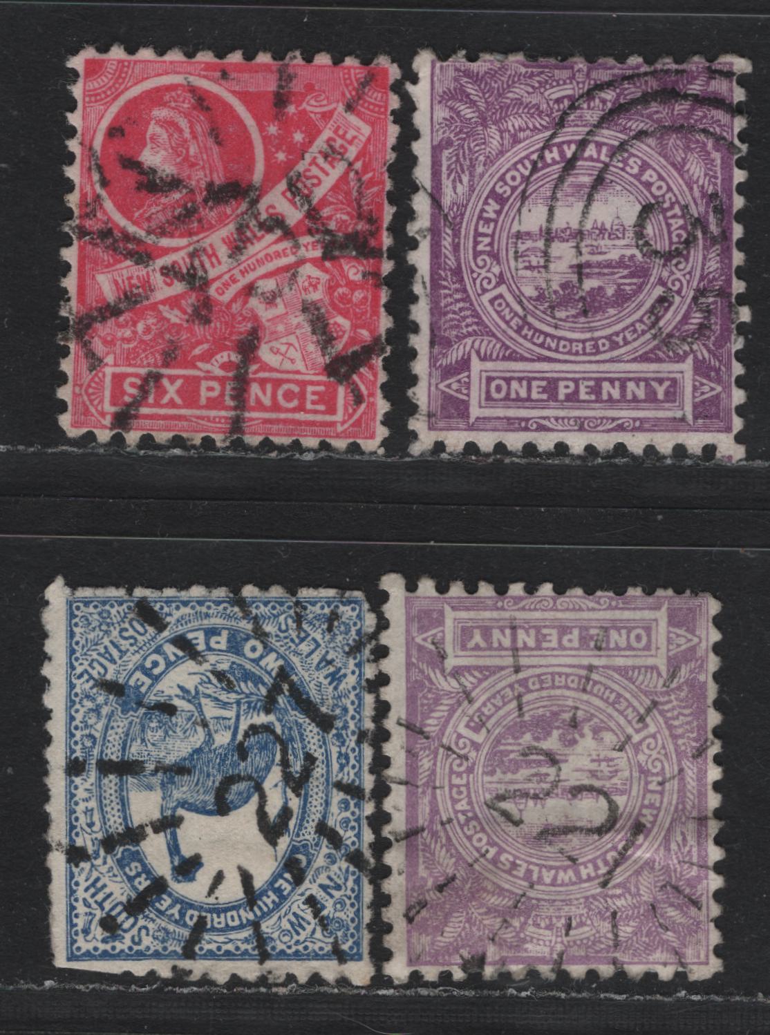 Lot 344 Australia - NSW SG#253, 253c, 254eb, 256 1d - 6d Lilac - Carmine Rose , 1888-1889 Centenary of NSW Issue, 4 Fine/Very Fine Used Singles, Oval Numeral & Sunburst Postmarks # 35 Goulburn, #221 Hunter's Hill, #227 Moruya and #730 Gulgong