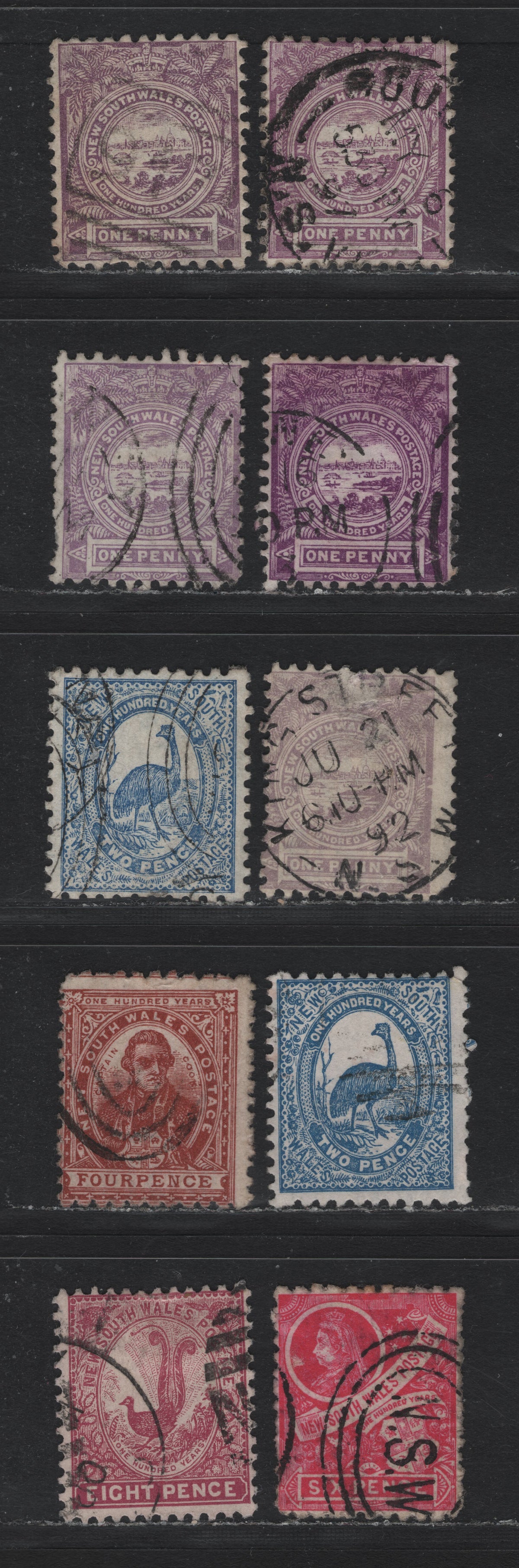 Lot 346 Australia - NSW (C)SG#253,a,d, 254e, 255d, 256, 257ca 1d - 8d Lilac & Mauve - Magenta , 1888-1889 Centenary Issue, 10 Fine/Very Fine Used Singles, Perfs 11x12 (1d, 2d, 4d), 12x11.5 (1d Pale Lilac, 8d), Crown & NSW Wmk With Wide Gap