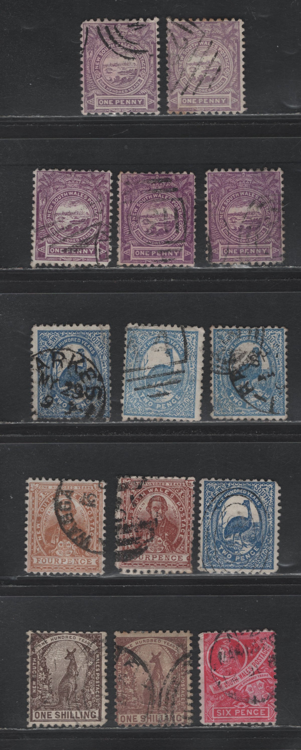 Lot 349 Australia - NSW SG#253,b,d, 254,e,ea,d 1d - 1/- Lilac - Purple Brown , 1888-1890 Centenary Issue, 14 Fine/Very Fine Used Singles, Inverted Crown & NSW Watermarks, Perfs 11x12, 12x11.5 & 12