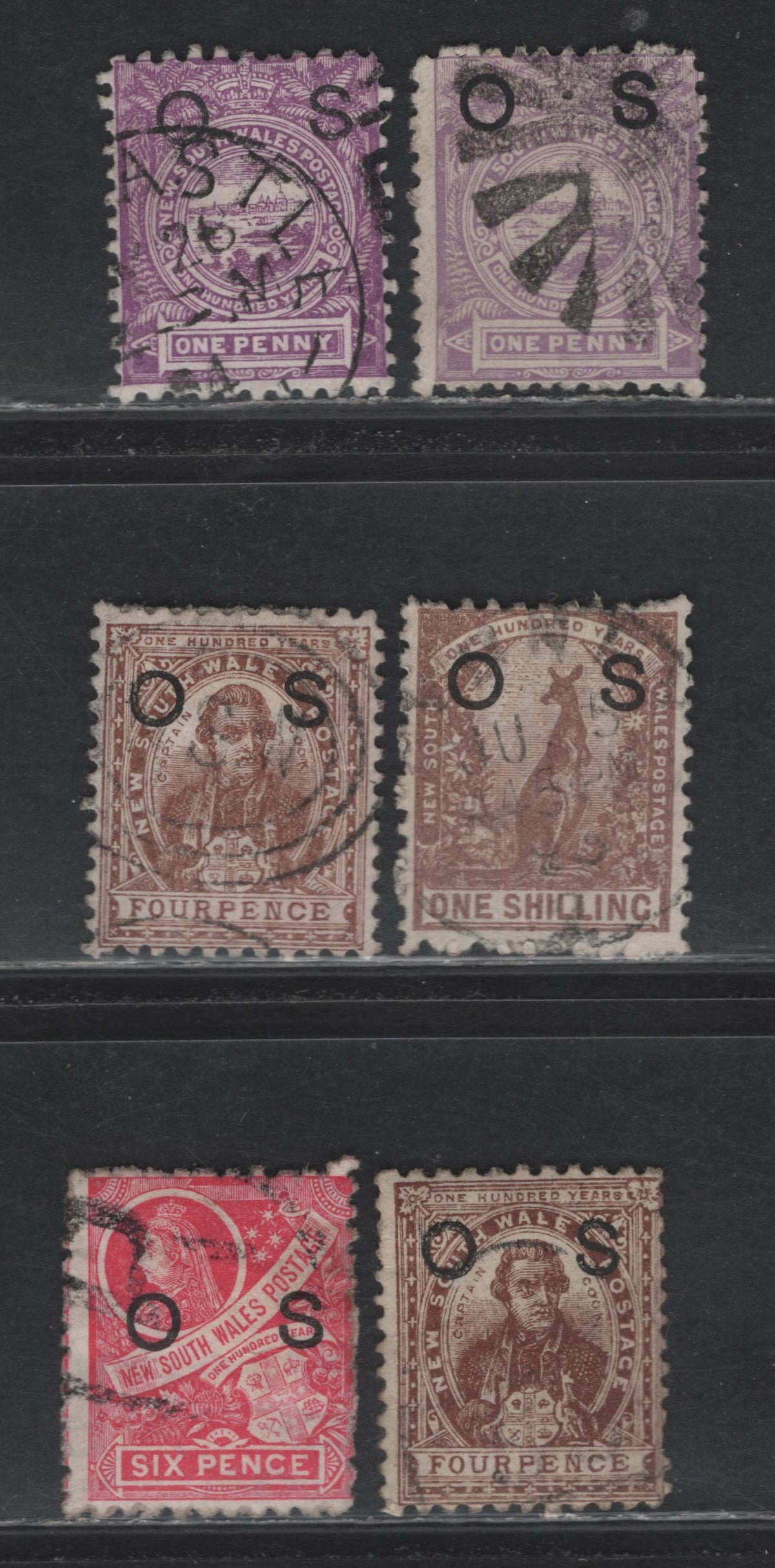 Lot 351 Australia - NSW SG#O39, O39b, O41, O42, O44b 1d-1/- Lilac - Purple Brown , 1888-1890 Centenary Issue, 6 Very Good.Fine Used Singles, Perf 11x12, Inverted Wmk, Overprinted OS.