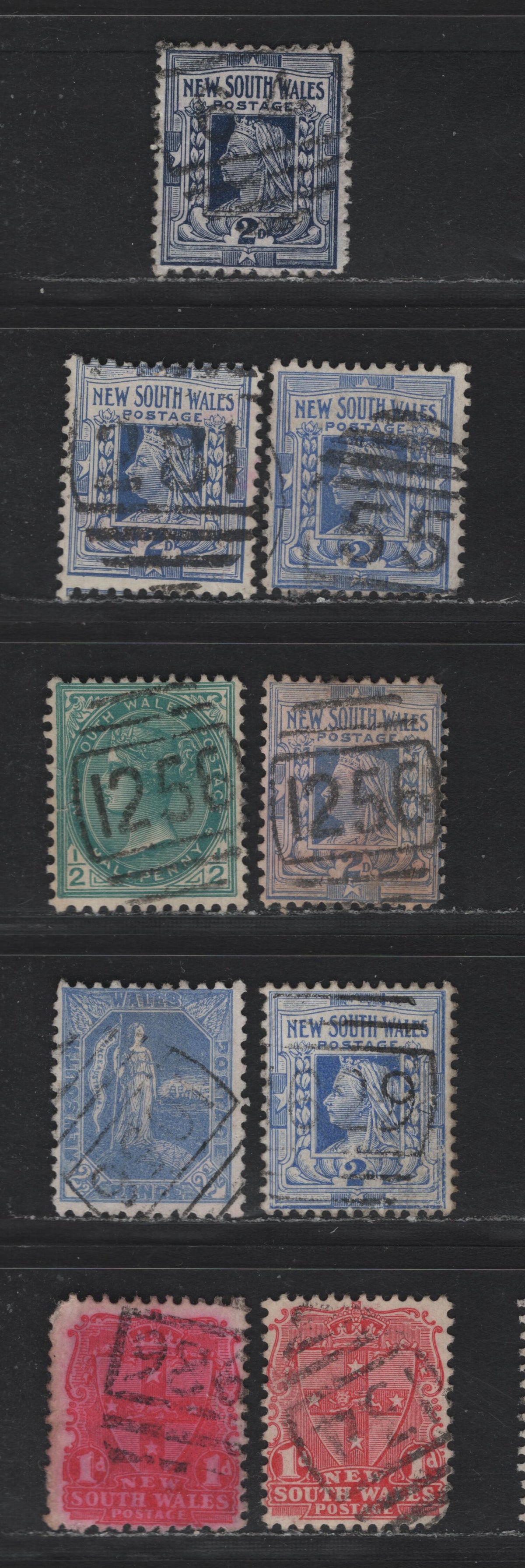Lot 352 Australia - NSW SG#265/294a 2.5d - 2d Ultramarine - Deep Dull Blue , 1892-1899 Queen Victoria & Arms Definitive Issue, 9 Fine/Very Fine Used Singles, Numeral or Town Cancels, Including #64, #55, #281, #1256, #629, #1056, #134 & #936