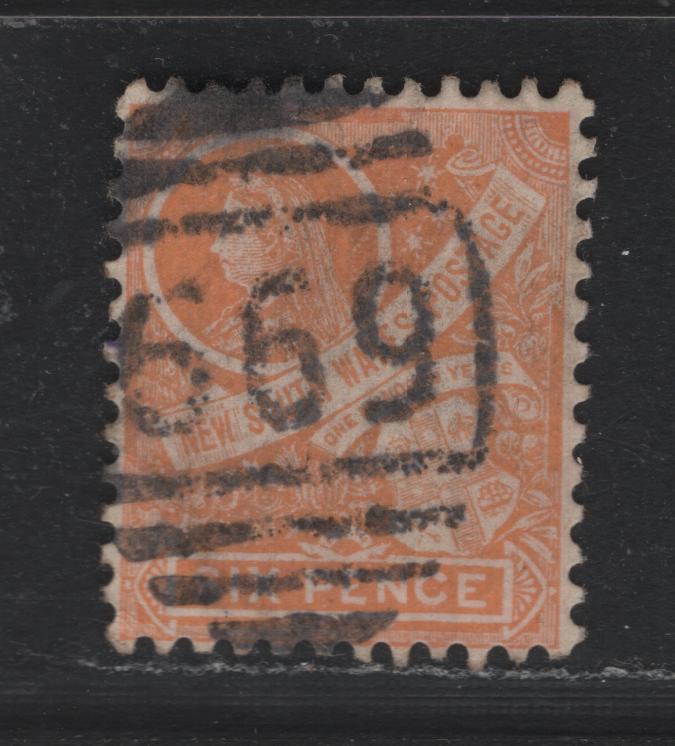 Lot 353A Australia - NSW SG#306var 6d Orange Yellow , 1899 Allegory of Australia, Queen Victoria & Commonwealth Definitive Issue, A Fine Used Single, Inverted Wmk, Perf12x11.5, Bold Strike Of Rare #669 Numeral Cancel For Rouchell Brook.
