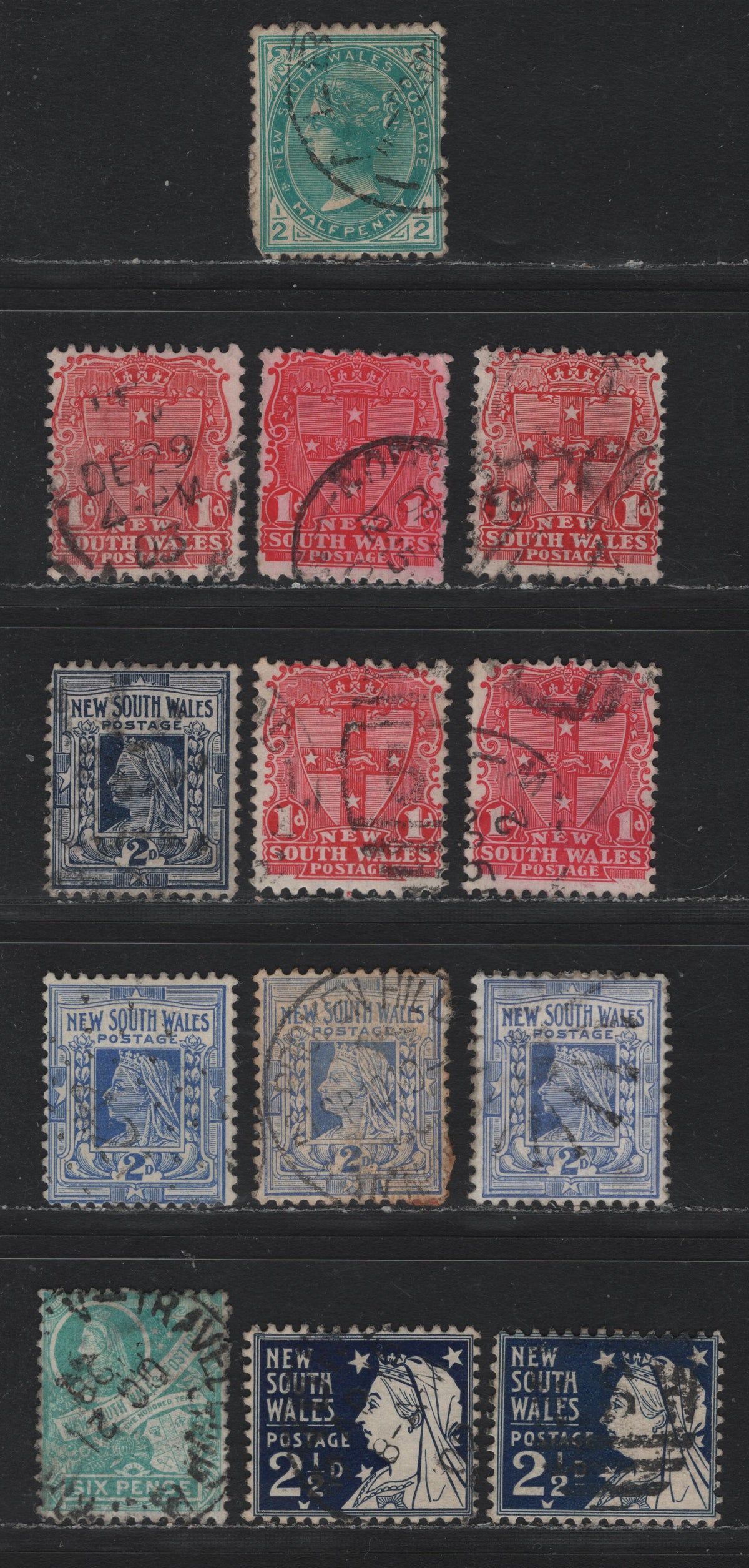 Lot 354 Australia - NSW SG#290a, 292a, 307, 302-308, 298-300 1/2d - 6d Blue Green - Emerald Green , 1892-1903 Allegory of Australia, Q.V & Commonwealth Definitives,  Very Good/Fine/Very Fine Used Singles, Ordinary & Chalky Printings, Perf 12x11.5