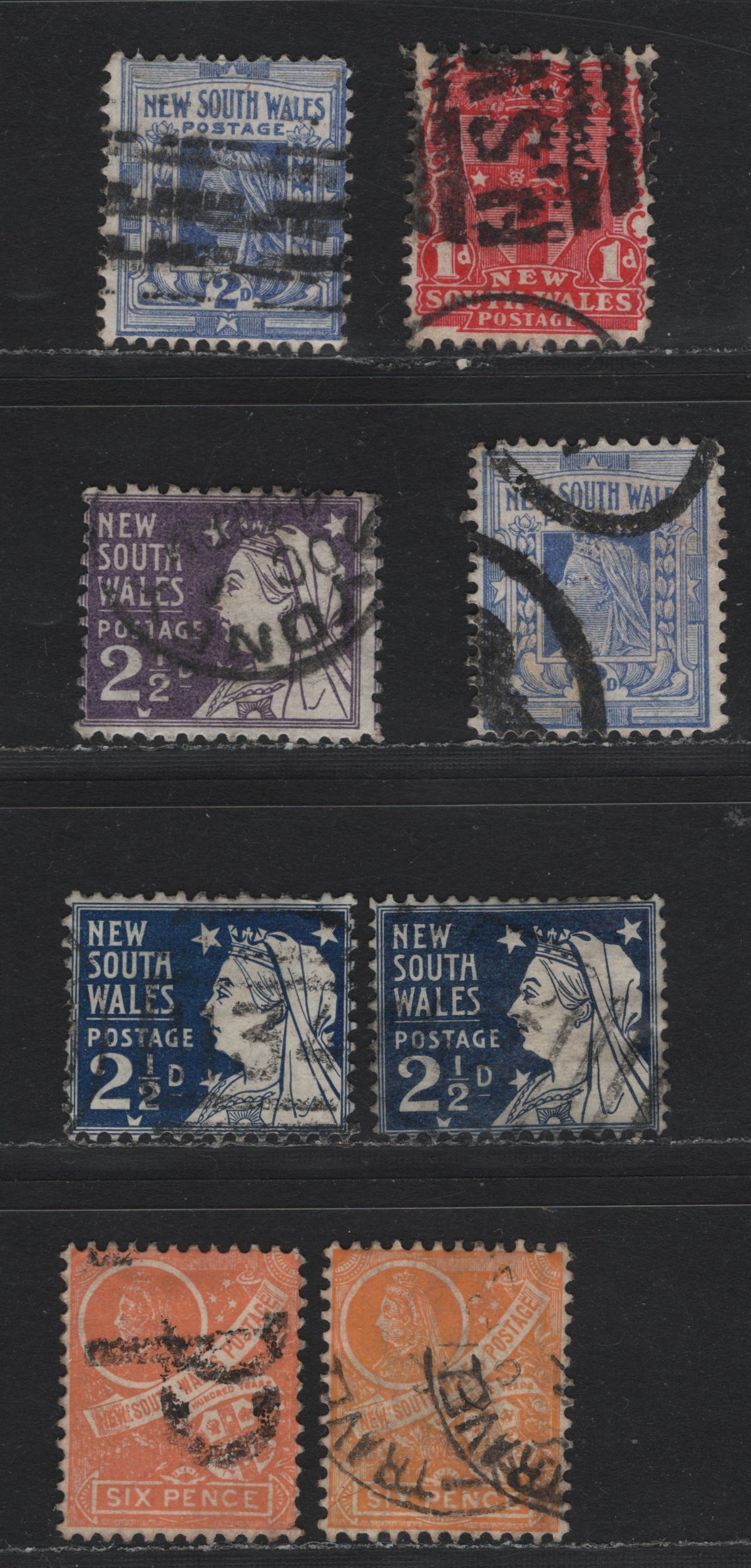 Lot 355 Australia - NSW SG#294b, 296b, 297b, 300, 303, 305-306 1d - 6d Scarlet - Orange Yellow , 1892-1903 Allegory of Australia, Q.V & Commonwealth Definitives,  Very Good/Fine/Very Fine Used Singles, Perfs 12 & 12x11.5 Or 11.5x12
