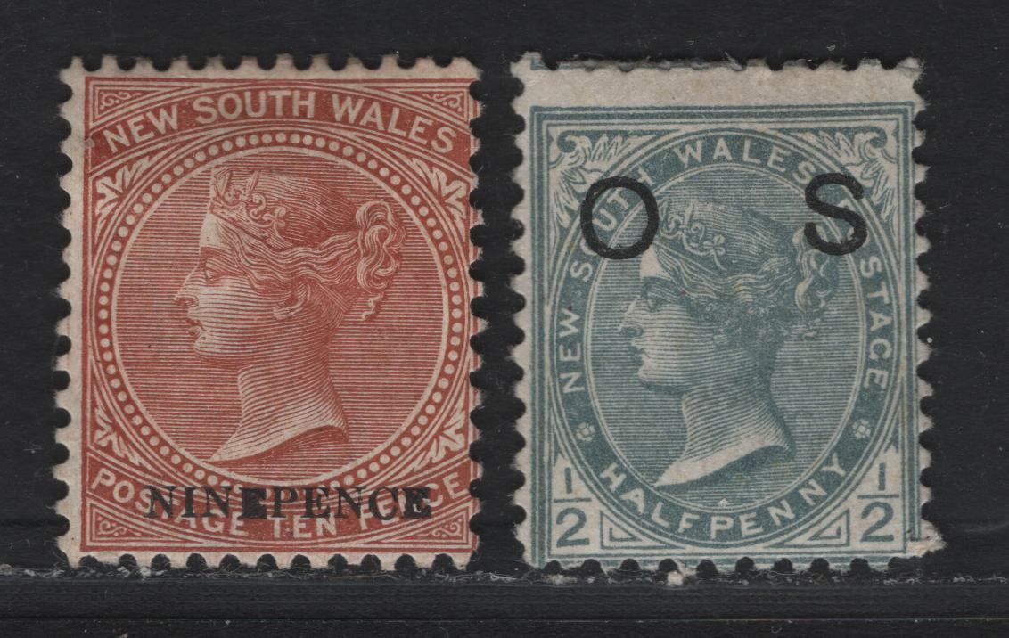 Lot 358 Australia - NSW SG#309, O58a 1/2d - 9d on 10d Gray - Red Brown , 1892-1899 Queen Victoria Sideface - Queen Victoria & Arms Issues, 2 Fine Used Singles, Overprinted OS, Perf 12x11.5, Chalky Paper