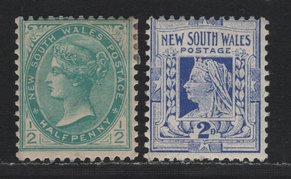 Lot 361 Australia - NSW SG#335, 353 2d - 1/2d Deep Ultramarine - Blue Green , 1905-1907 Queen Victoria, Centenary & Arms Definitives, 2 FOG Singles, Crown Over Single Lined & Double Lined A Wmks, Perf 12x11.5