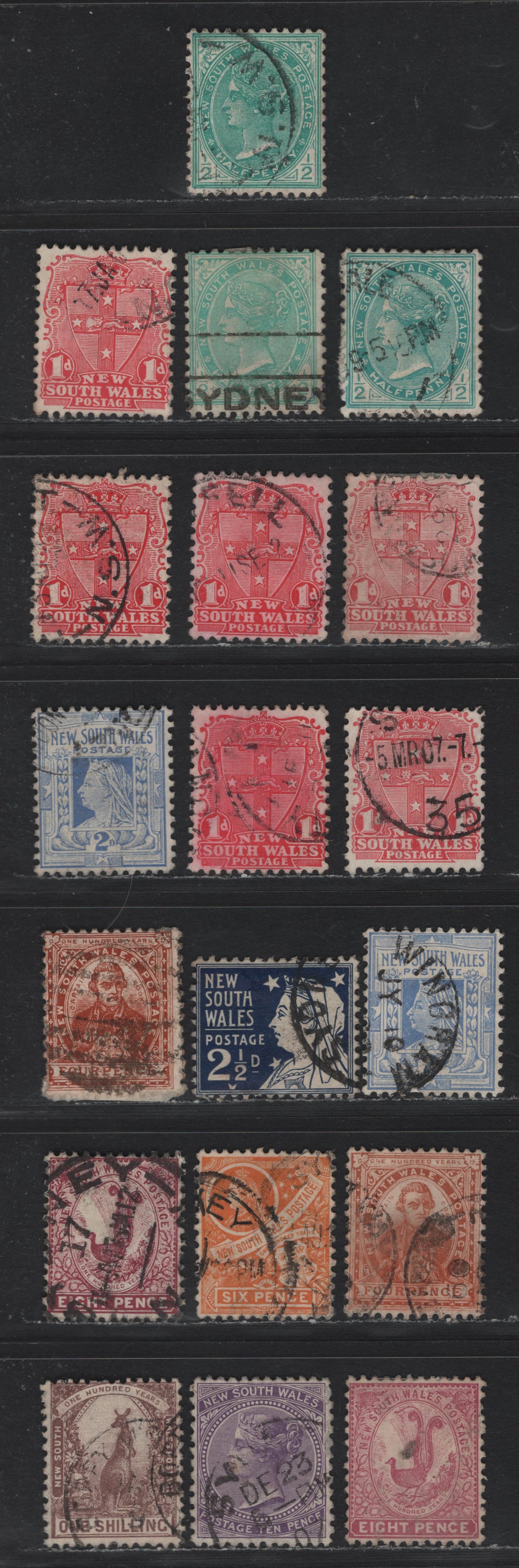 Lot 362 Australia - NSW SG#333b, 334, 336-339, 342, 344-346, 348 1/2d - 1/- Blue Green - Purple Brown , 1905-1910 Centenary & Arms Definitives, 19 Fine/Very Fine Used Singles, Perfs 12x11.5 & 11.5x12, Chalky Papers, Crown over A Wmk, Extra Shades.