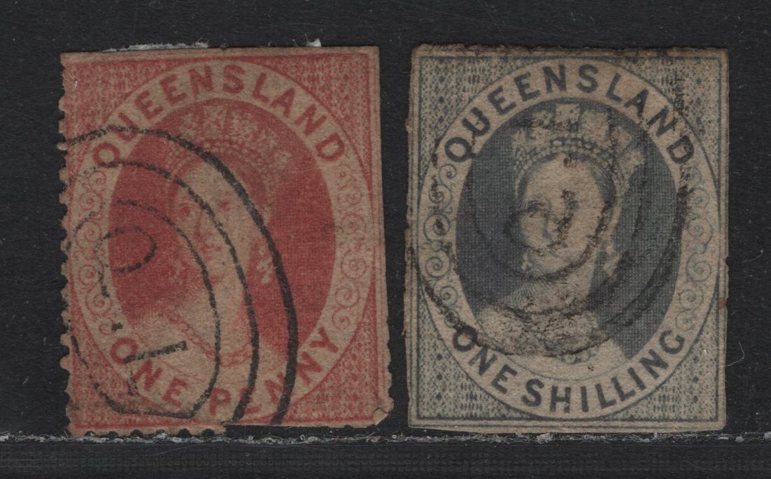 Lot 369 Australia - Queensland SG#12, 19 1d - 1/- Carmine Rose - Violet , 1860-1861 Chalon Heads Issue, 2 Good/Very Good Used Singles, Small Star Wmk, Clean Cut & Rough Perf, Perfs Trimmed On 2 Sides.