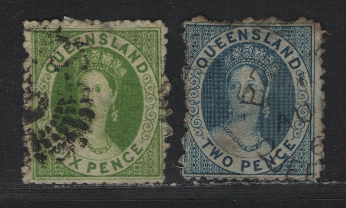 Lot 370 Australia - Queensland SG#13, 18 2d - 6d Blue - Yellow Green , 1860-1861 Chalon Heads Issue, 2 Fine/Very Fine Used Singles, Small Star Wmk, Rough Perf 14x16, Centering For 6d Is VF & The 2d Is Fine For This Issue.