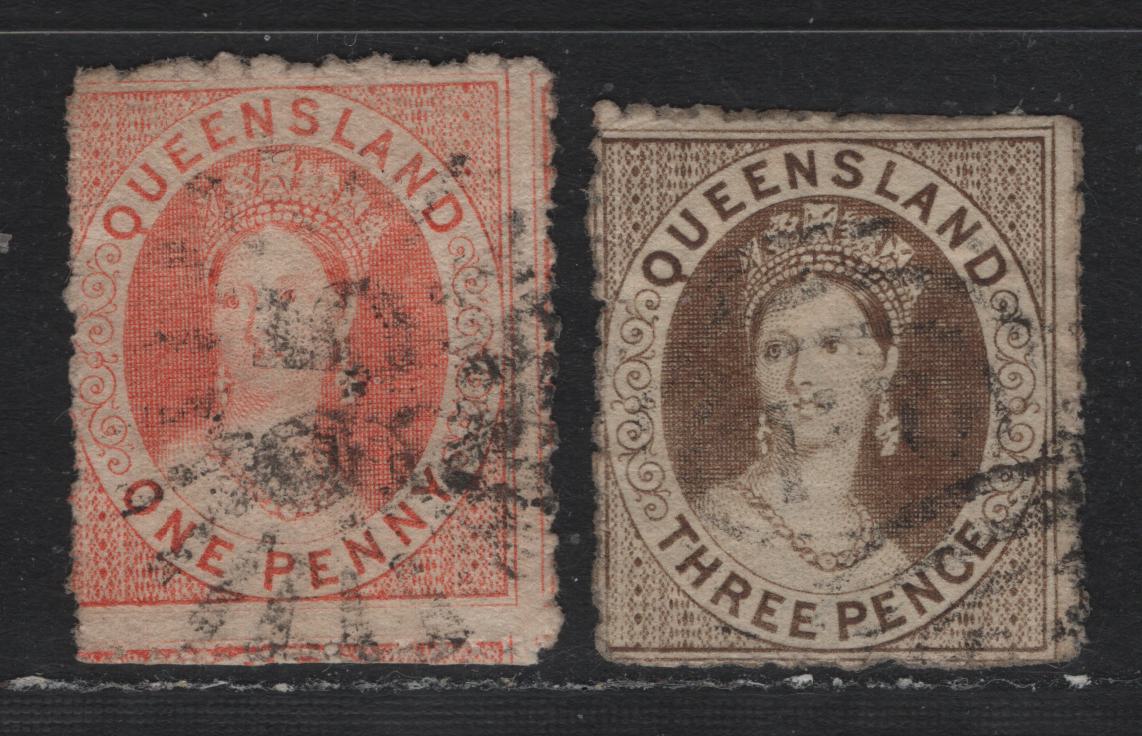 Lot 373 Australia - Queensland SG#22, 25 3d - 1d Brown - Orange Vermillion , 1862-1867 Chalon Heads Issue, 2 Fine Used Singles, Unwatermarked, Rough Perf 13, #95 Sunburst Cancel For Brisbane, Which Carries A Modest Premium.