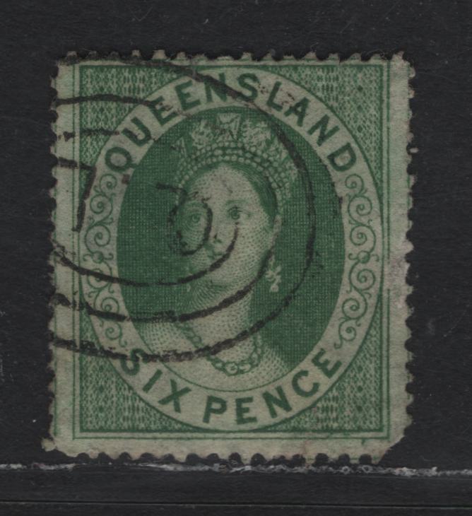 Lot 375 Australia - Queensland SG#9 6d - 1/- Green , 1860-1861 Chalon Heads Issue, A Very Good Used Single, Star Wmk, Clean Cut Perf 14-16, Rounded LR Corner & Shallow Thin On Back.