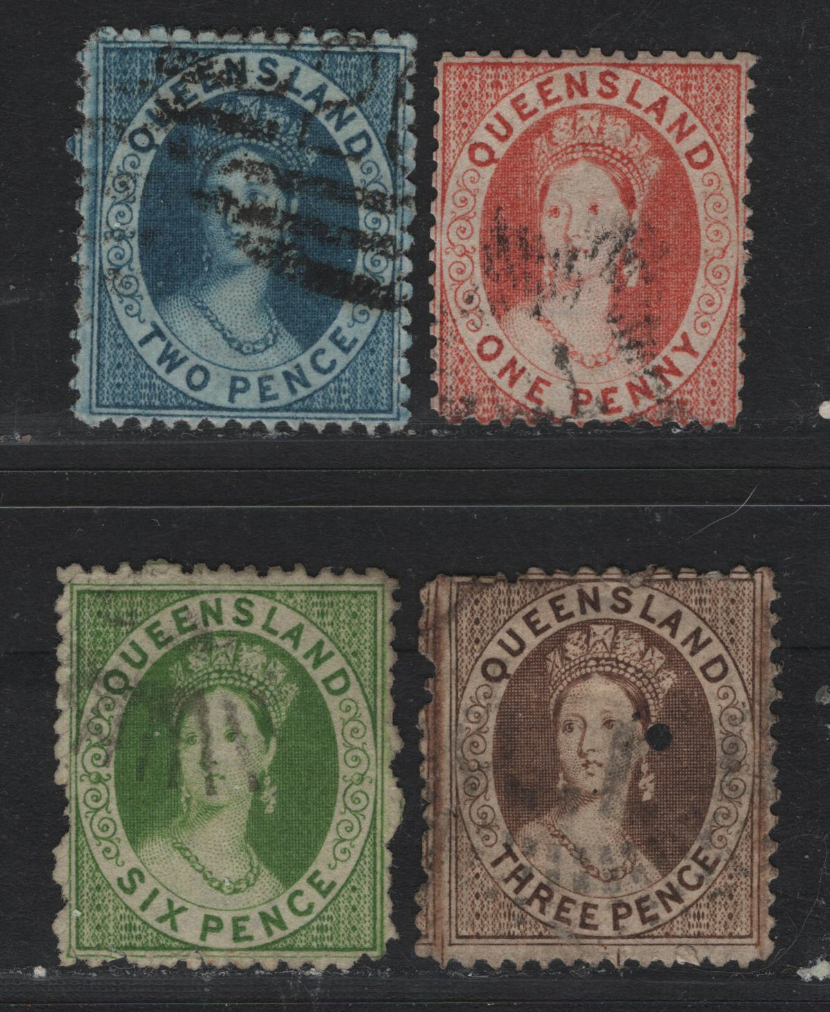 Lot 381 Australia - Queensland SG#83, 87-88, 91 1d - 6d Orange Vermillion - Yellow Green , 1868-1874 Chalon Heads Issue, 4 Very Fine Used Singles, 2d Is Plate II, 2 Pointed Crown Over Q Wmk, Perf 13, 1d Has Partial Strike Of QL In Star Cancel.
