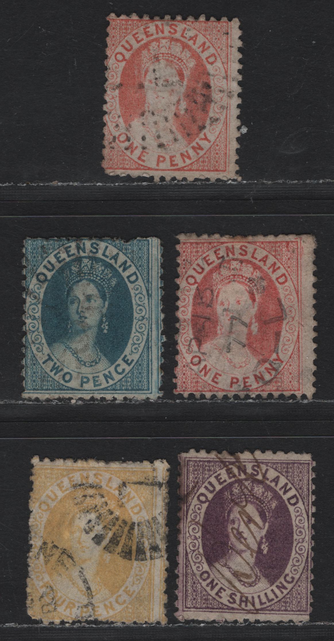 Lot 383 Australia - Queensland SG#95-96, 98, 103, 109 1d - 1/- Pale Orange Vermillion - Purple , 1868-1874 Chalon Heads Issue, 5 Good/Fine/Very Fine Used Singles, 2d Is Plate 2, 2 Pointed Crown Over Q Wmk, Perf 12.