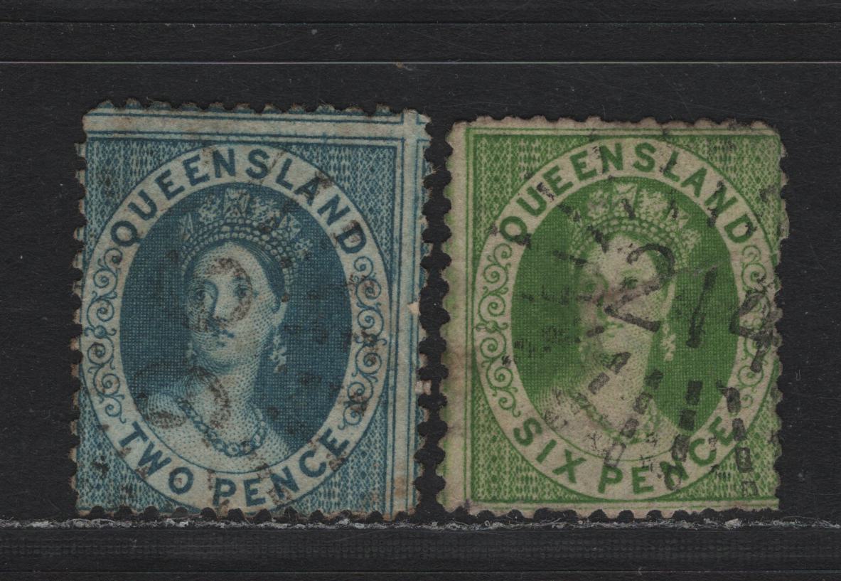 Lot 384 Australia - Queensland SG#99, 106 2d - 6d Bright Blue - Yellow Green , 1868-1874 Chalon Heads Issue, 2 Good/Fine Used Singles, Plate 2, 2 Pointed Crown Over Q Wmk, #96 Sunburst Cancel For Drayton & #214 Toowomba.