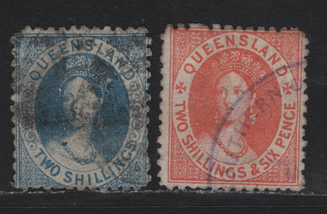 Lot 386 Australia - Queensland SG#119, 122 2/- - 2/6 Blue - Bright Scarlet , 1880 Lithographed Chalon Heads Issue, 2 Very Good/Very Fine Used Singles, Lithographed, Three Pointed Crown Over Q Wmk
