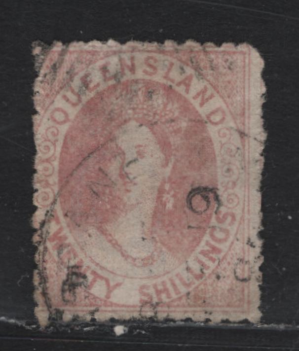 Lot 387 Australia - Queensland SG#127 20/- Rose , 1880 Lithographed Chalon Heads Issue, A Fine Used Single, Three Pointed Crown Over Q Wmk, Lithographed, Postal Cancel.